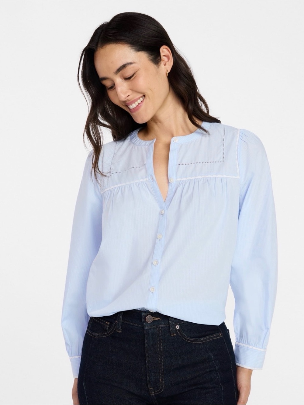 (506)Light Blue Button-Front Women's Blouse
